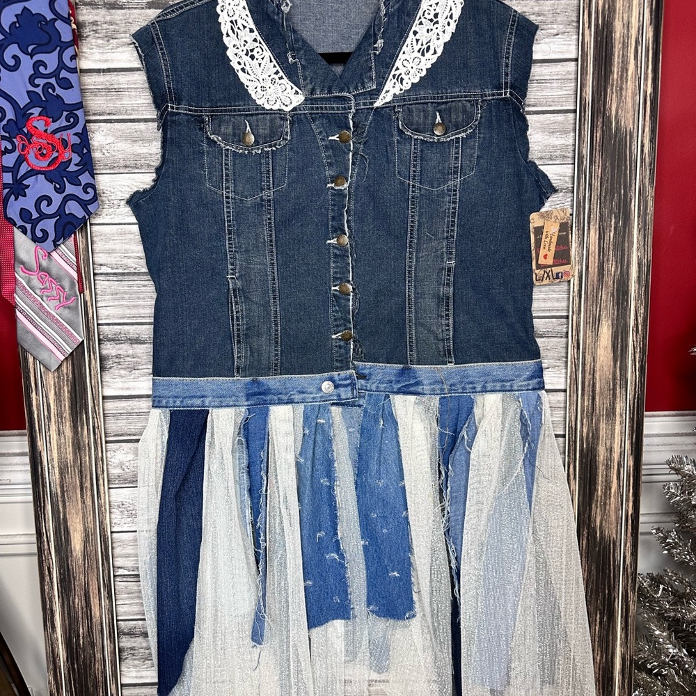 Women’s Handmade UpCycled Vintage Crochet Denim Duster Dress Tutu Gypsy Hippie